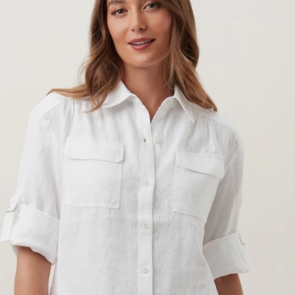 INC 100% linen white knotted button front top roll cuff sleeve  boho cot… - Picture 1 of 12